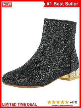 Sequin Ankle Boots Low Chunky Heel Sparkly Glitter Booties